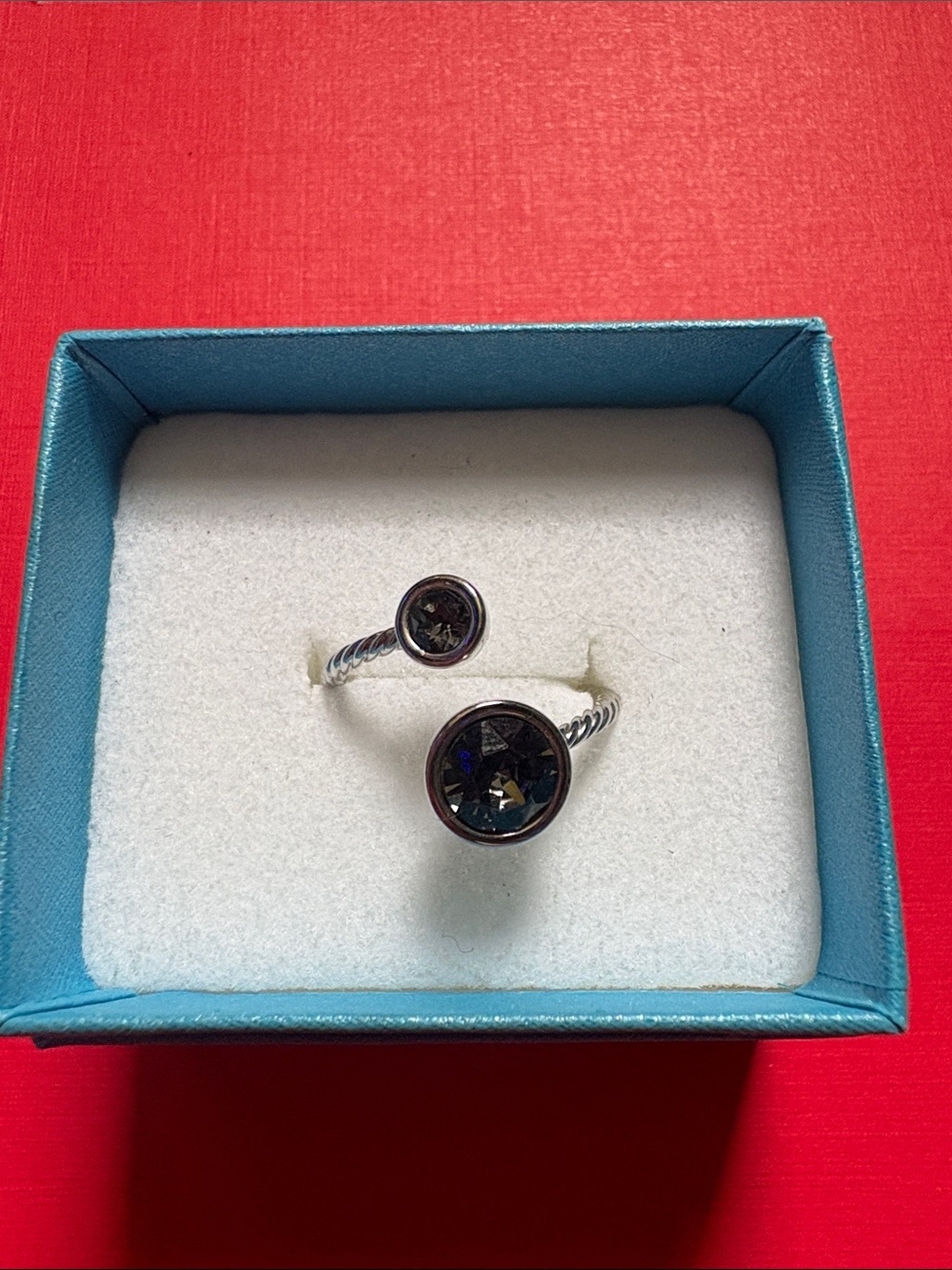 Touchstone Crystal Silver-Tone Open Ring with Dark Blue/Grey Stones